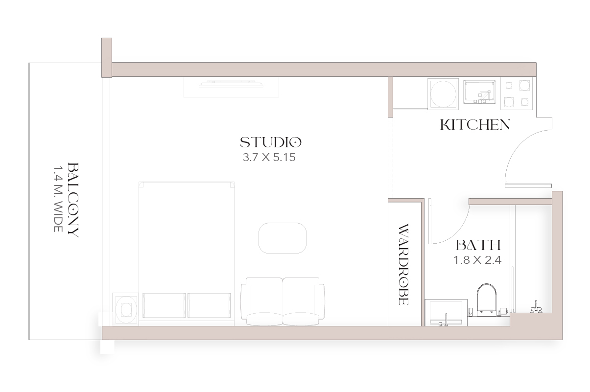 Luxor By Imtiaz Layout of a studio apartment featuring a kitchen, bathroom, wardrobe, and balcony, with dimensions indicated.